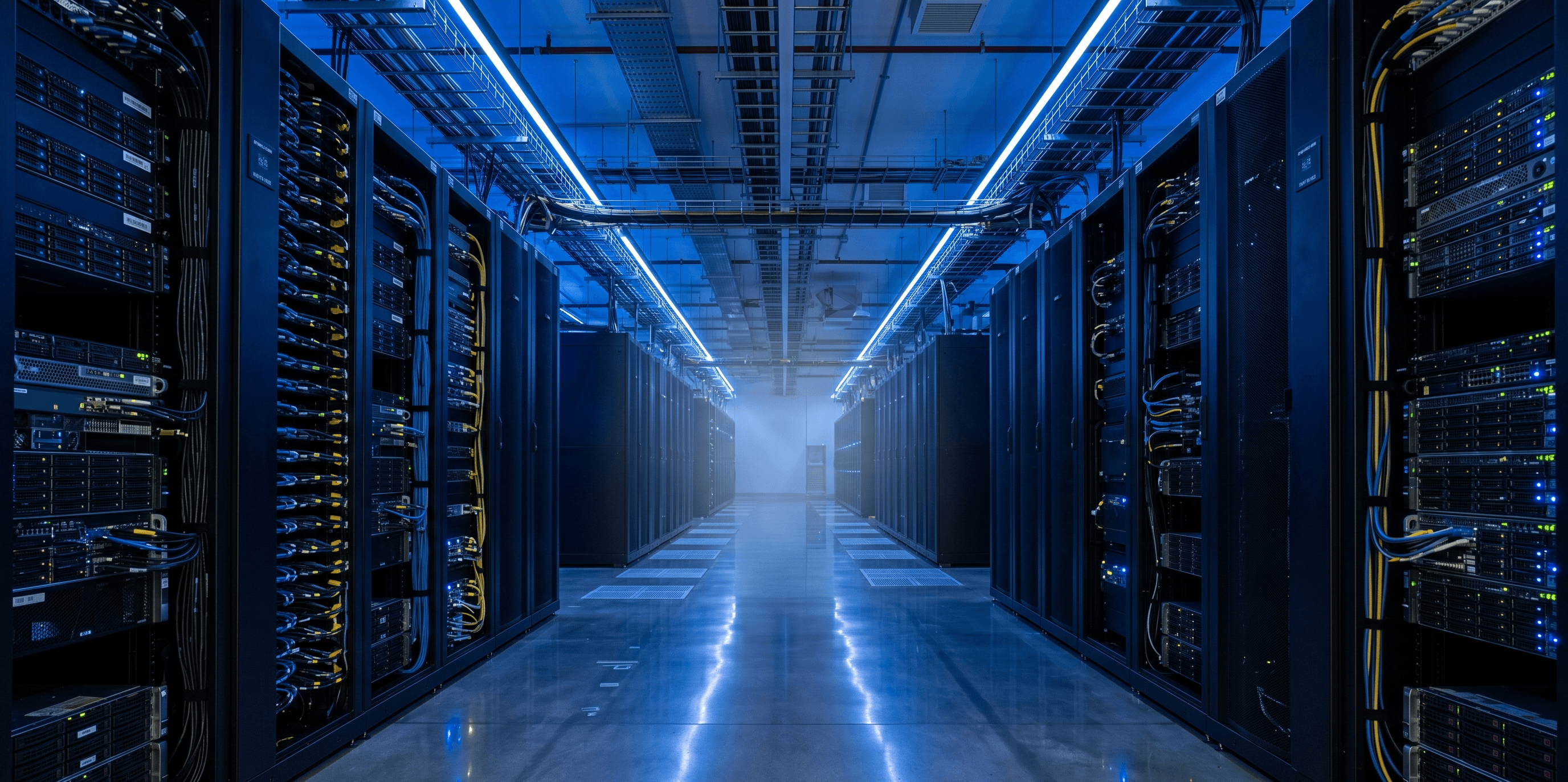 Modern data center corridor with blue-lit server racks and clean cable management