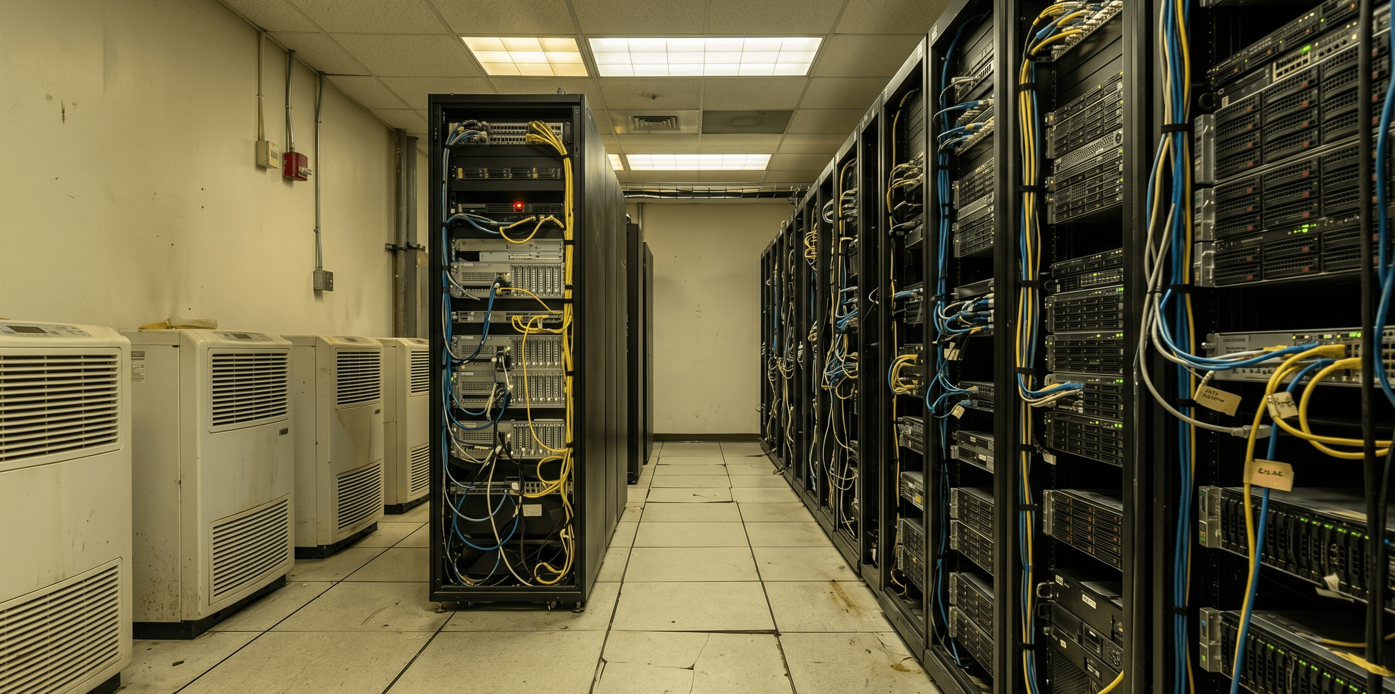 Legacy data center interior showing aging CRAC cooling units, raised floor tiles, and dense server racks with tangled cabling — the kind of facility that needs retrofit screening